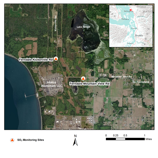 Image of a north-oriented map labeling two sulfur dioxide monitoring sites on Kickerville Road and Mountain View Road in Ferndale and the nearby Intalco Aluminum plant
